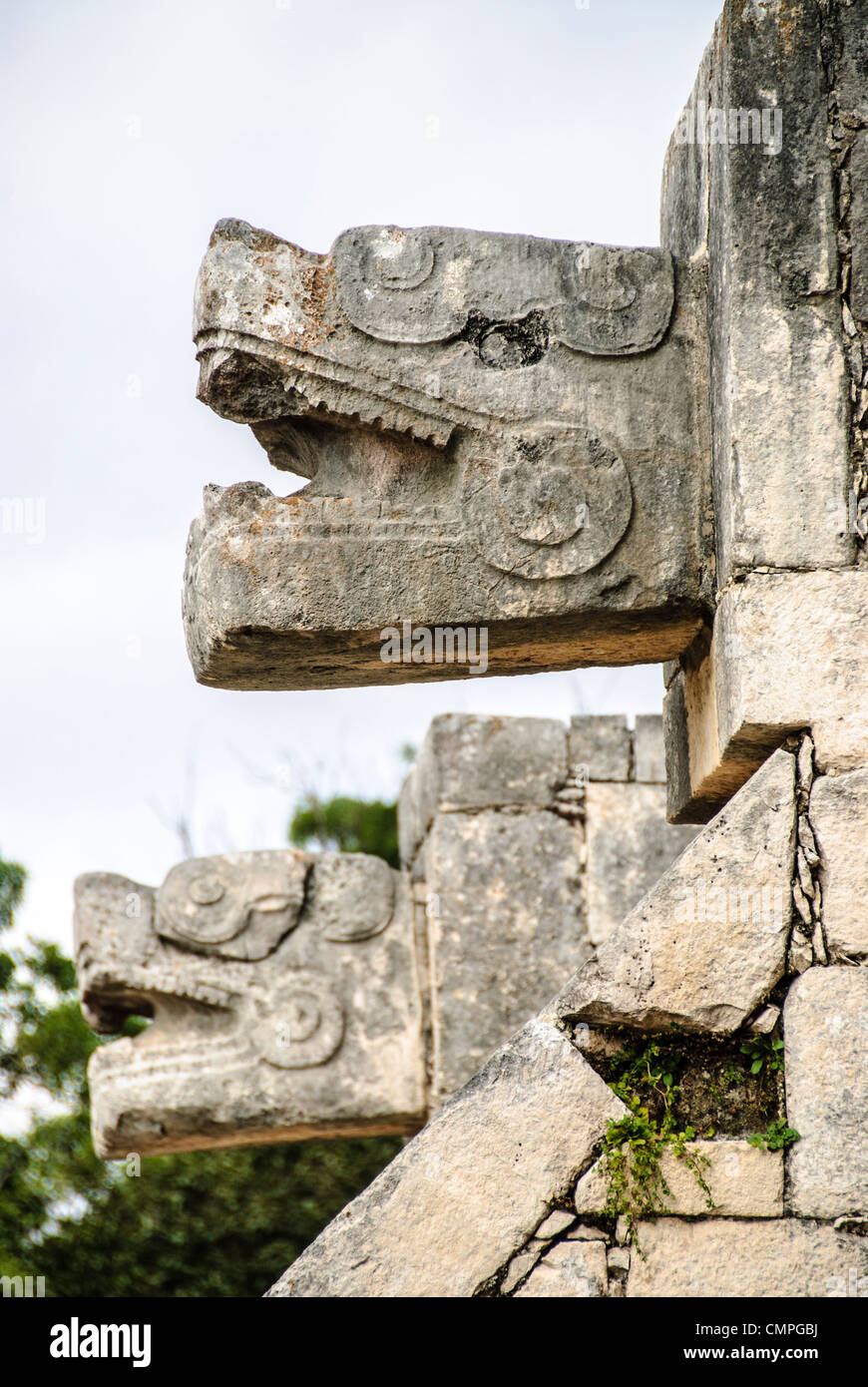 CHICHEN ITZA, Mexico - Carved jaguar heads adorning the buildings at Chichen Itza, Mexico. Stock Photo