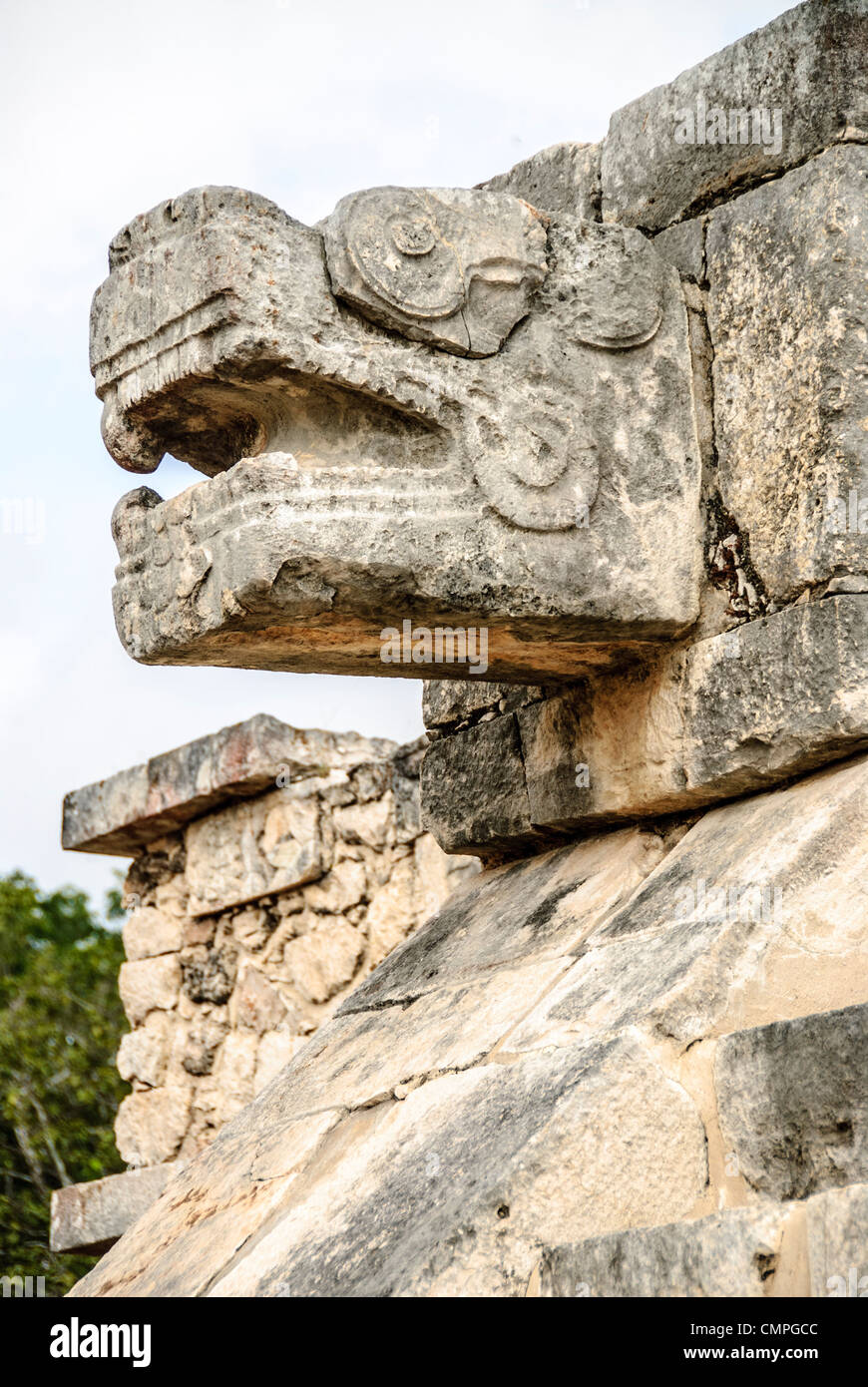 CHICHEN ITZA, Mexico - Jaguar head carved in stone at Chichen Itza Mayan civilizations ruins in Mexico. Stock Photo