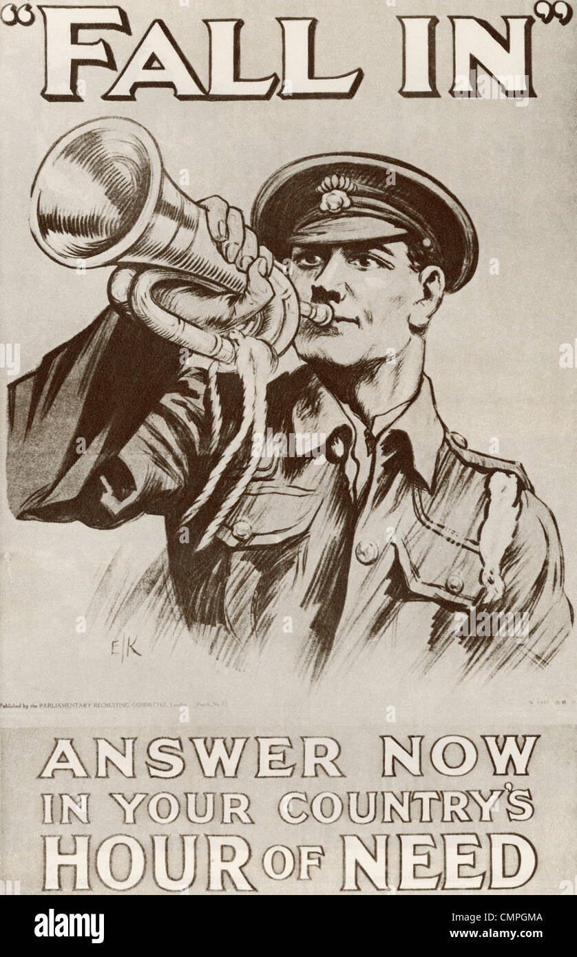 World War One recruitment poster with the words Fall In Answer Now In ...
