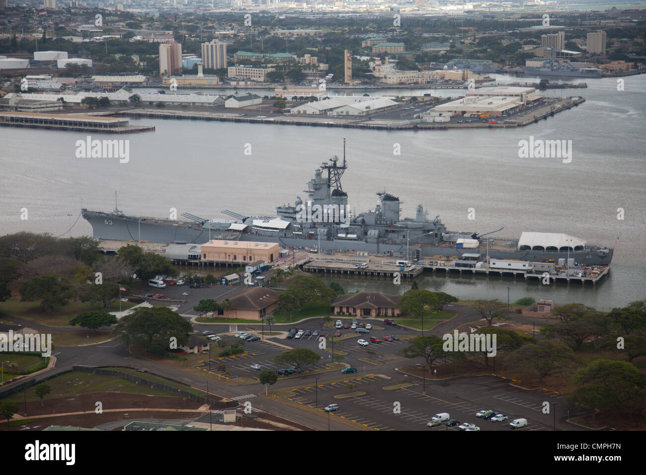 Aerial view of USS Missouri (BB-63) ('Mighty Mo' or 'Big Mo') is a United States Navy Iowa-class battleship Stock Photo