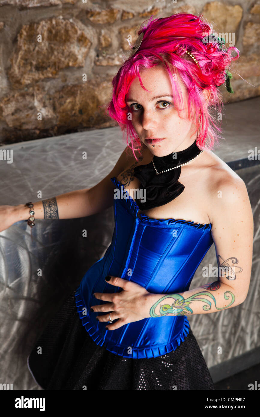 A Steampunk Pinup Model with Pink Hair Stock Photo