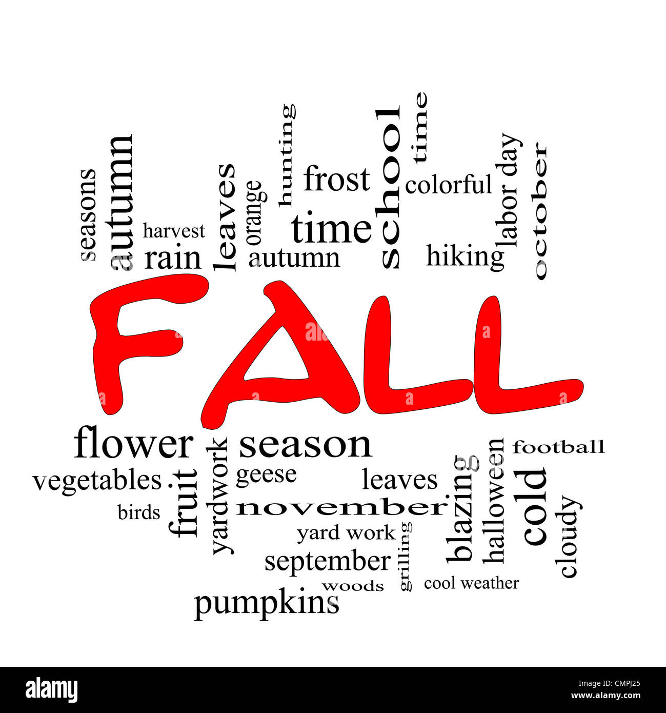 Fall or Autumn Word Cloud Concept in Red Caps with great terms such as color, leaves, football, october and more. Stock Photo