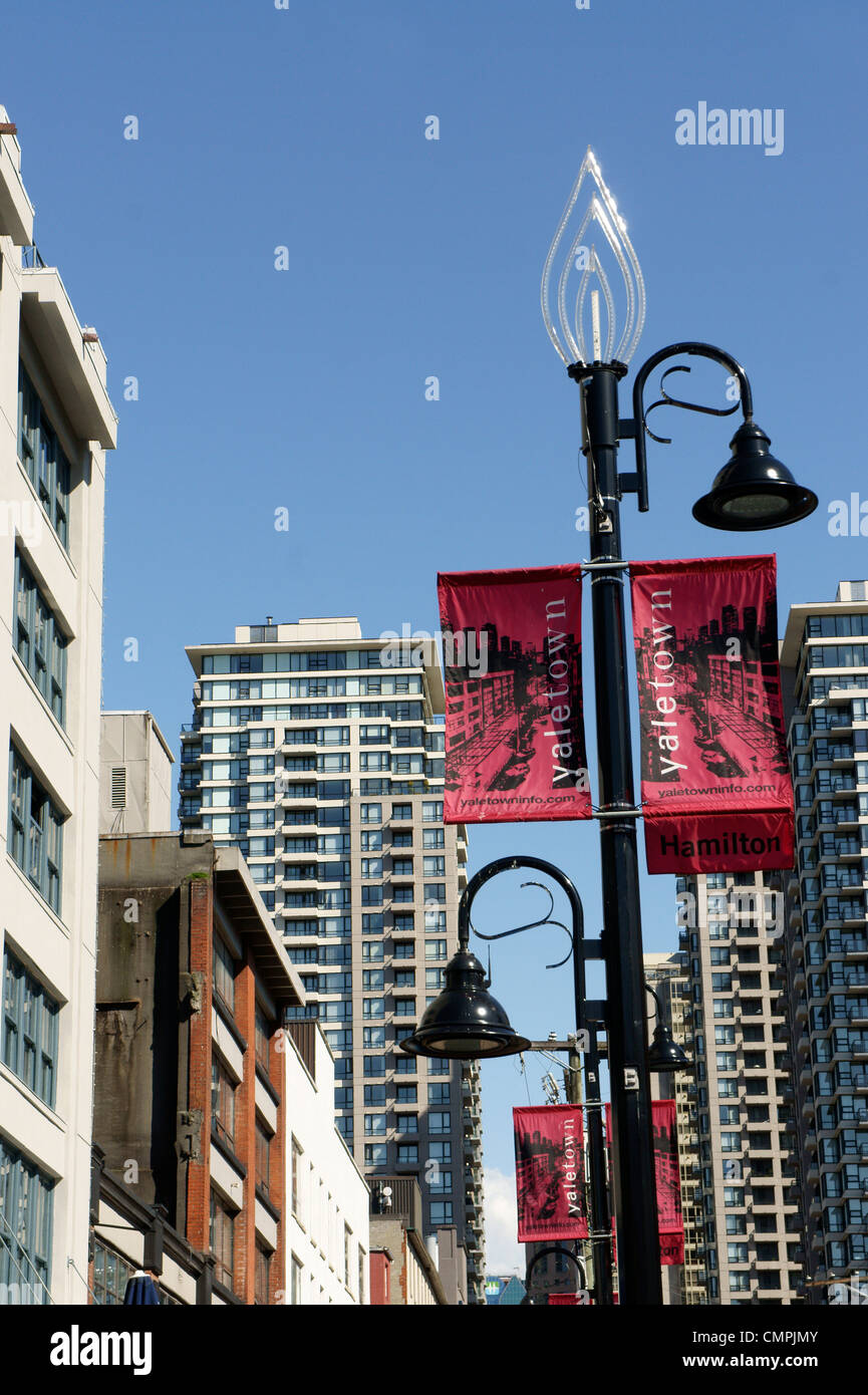 Banners on a lamp post in Yaletown, Vancouver, British Columbia, Canada