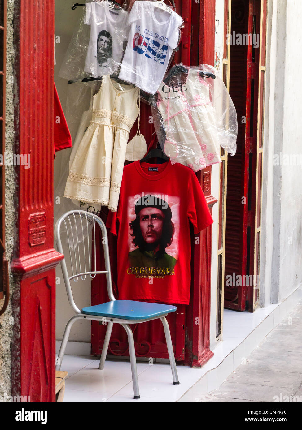 A store front catering to tourists in the Havana Vieja section of Havana, Cuba displaying Che Guevara shirts. Stock Photo