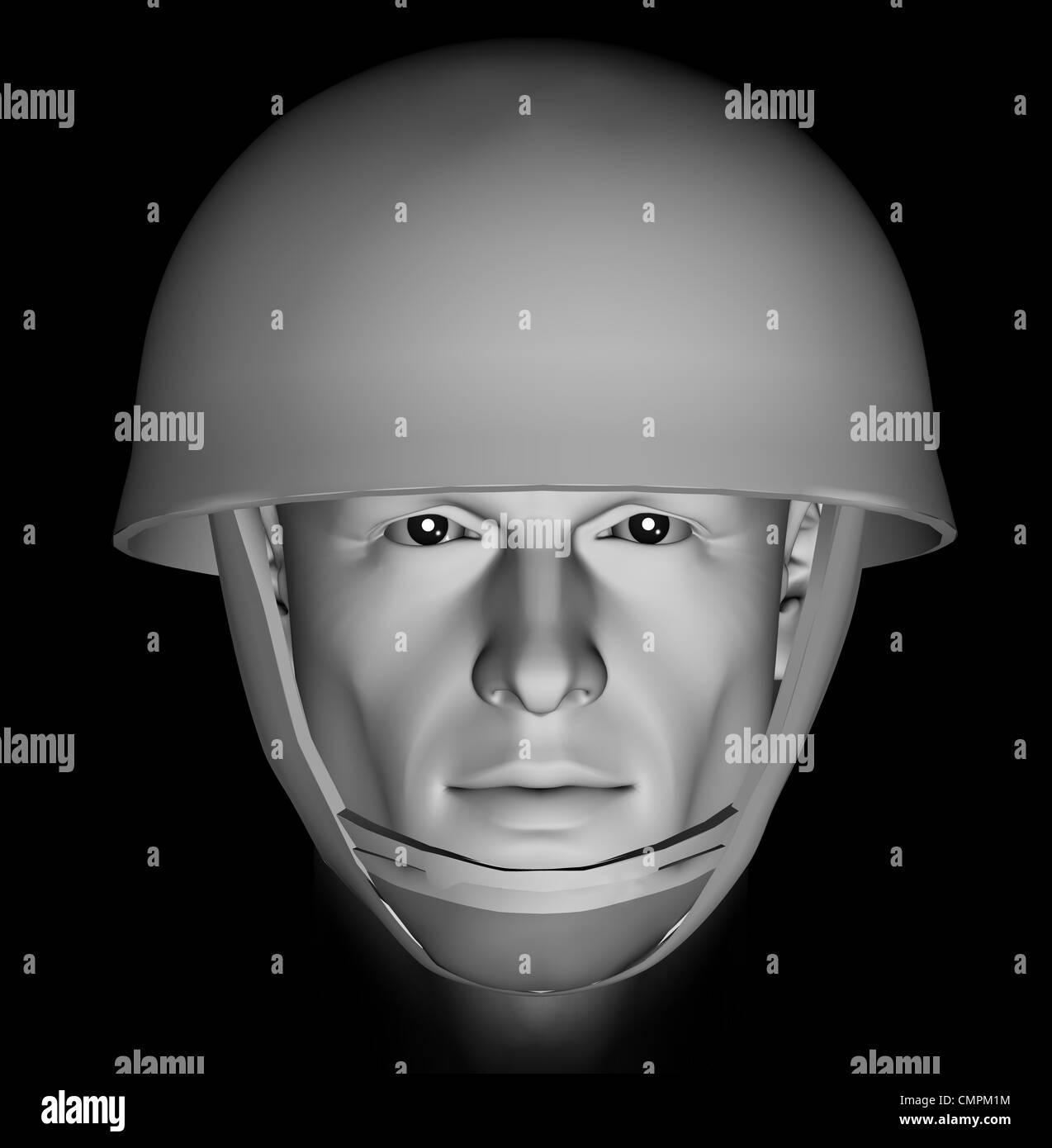 Male soldier head portrait with dramatic light on black background. 3d illustration. Stock Photo