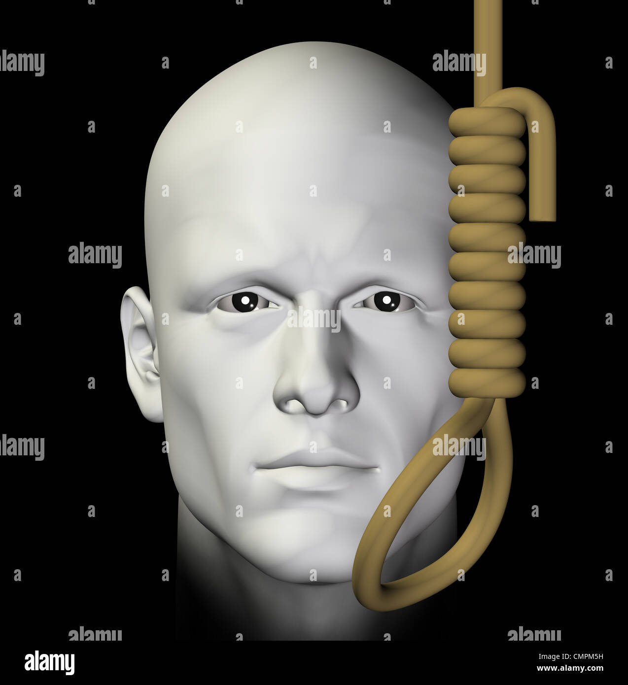 Suicidal man and hanging noose on black background. 3d illustration. Stock Photo