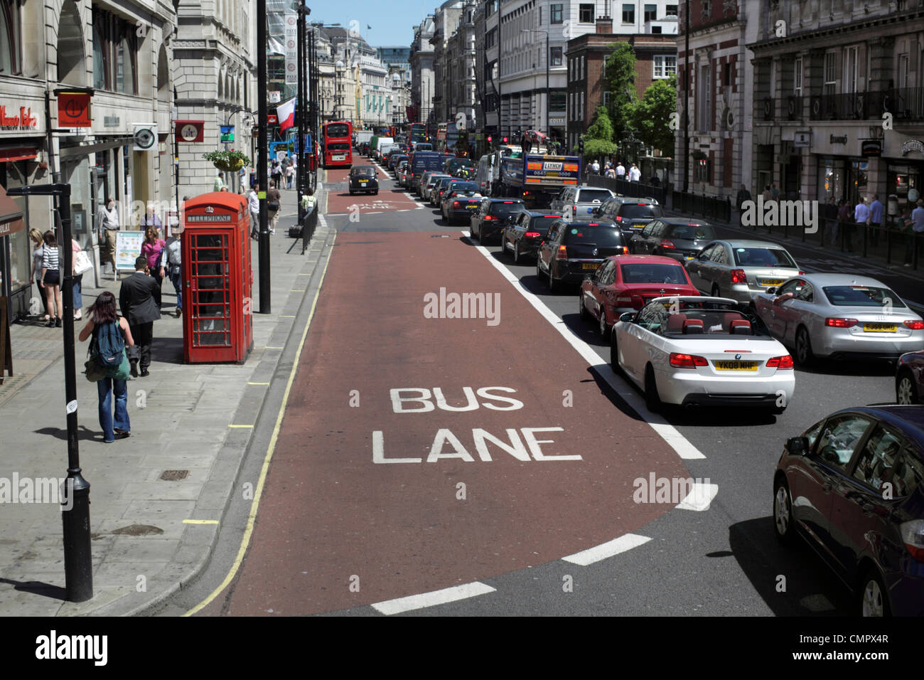 Bus lane on Piccadilly, London. Photographed through the top deck