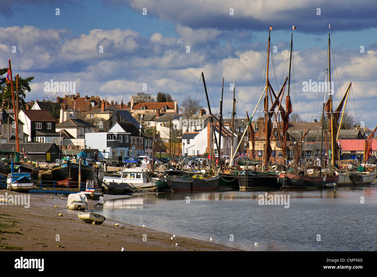 The Essex town of Maldon on the Blackwater Estuary, with the town and barges visible. Stock Photo