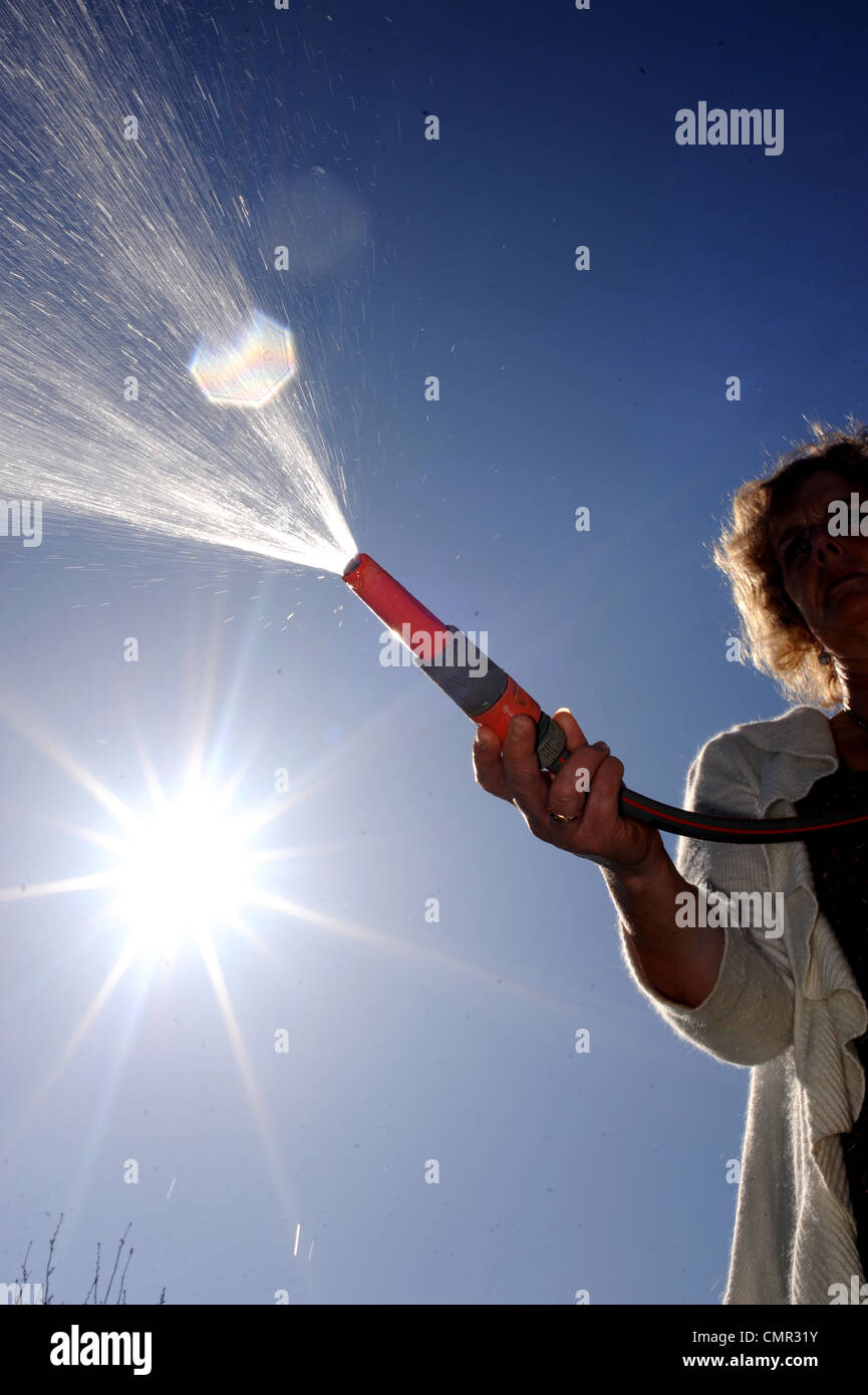 Woman using a garden hose . There are hosepipe bans planned for some parts of the south of England as rainfall is low Stock Photo