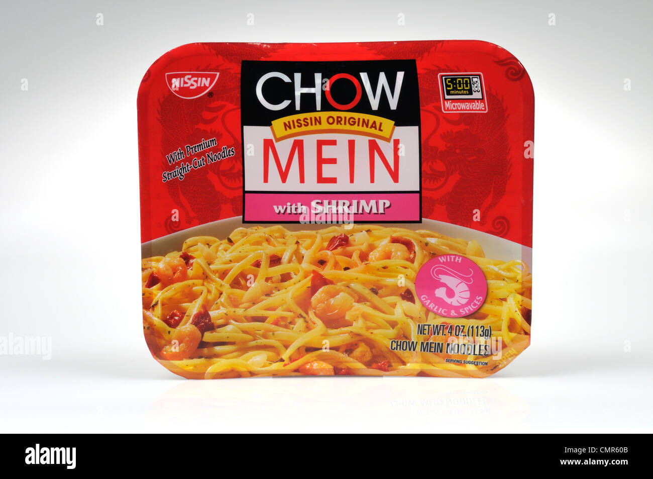 Package of Nissin Chow Mein with Shrimp ready meal on white background cut out. Stock Photo