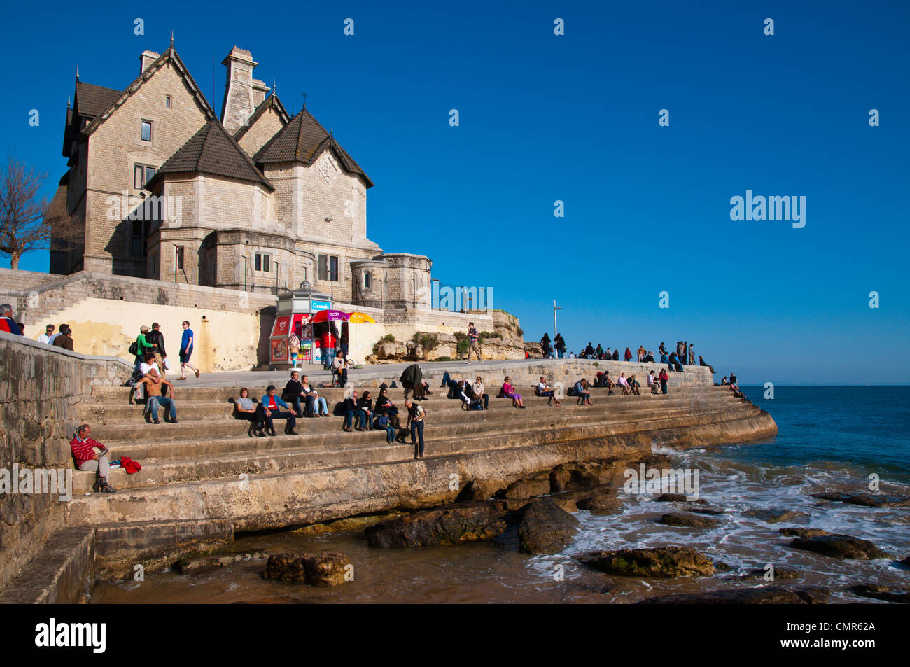 People in front of Palácio do Duque de Palmela palace Cascais coastal resort near Lisbon Portugal Europe Stock Photo