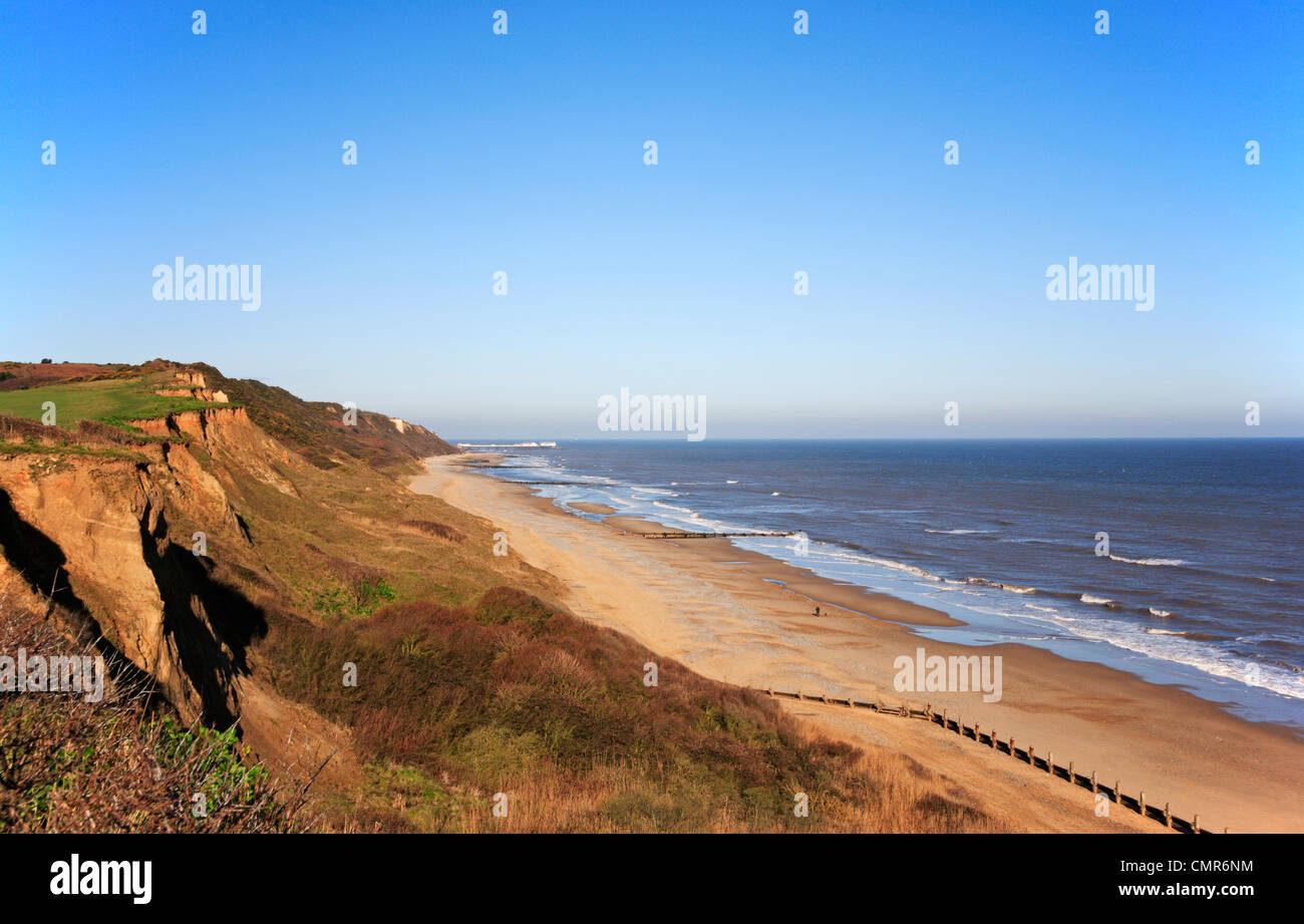 A view along the cliffs and beach from Overstrand towards Cromer, Norfolk, England, UNited Kingdom. Stock Photo