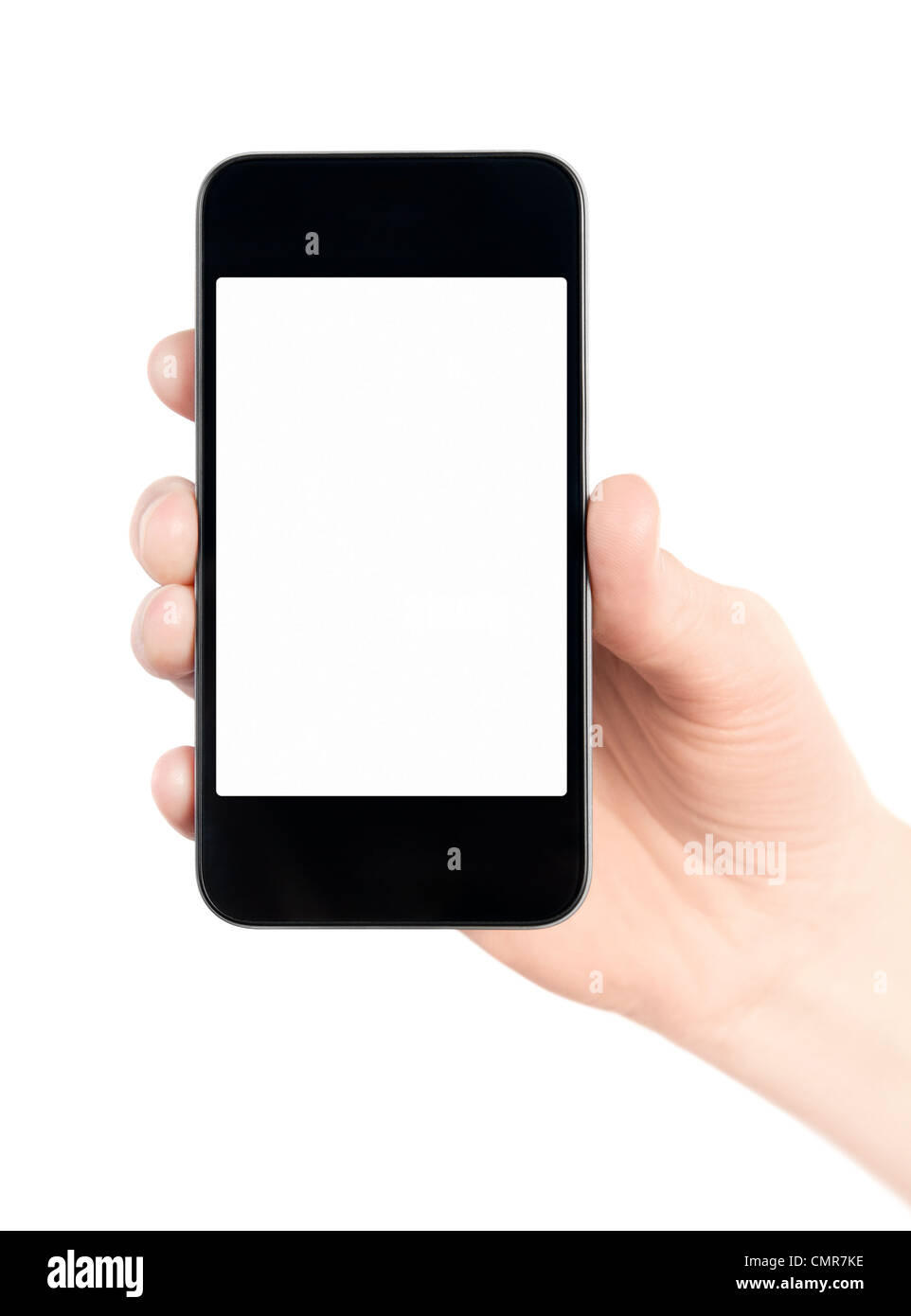 Hand holding mobile smart phone with blank screen. Isolated on white ...