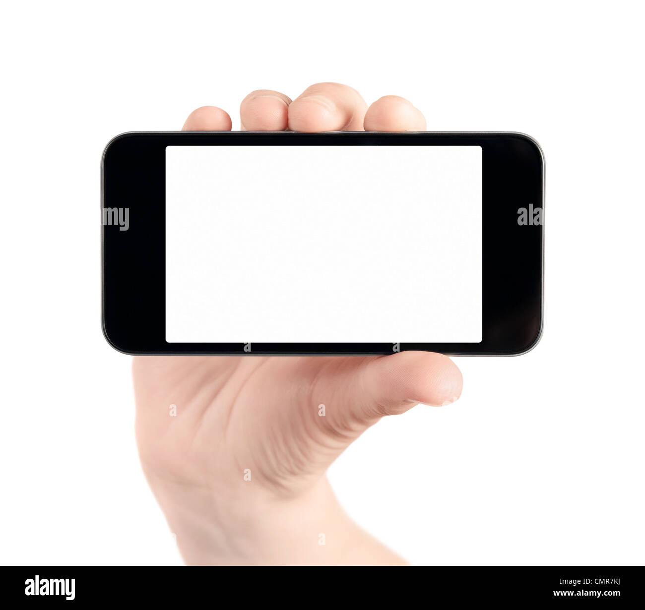 Hand holding mobile smart phone with blank screen. Isolated on white ...