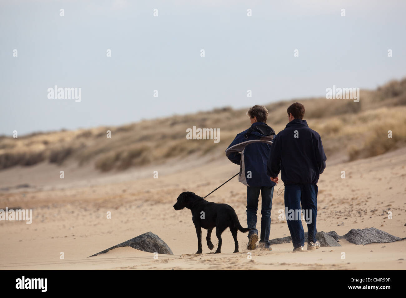 Dog Walkers. Responsible couple and controlled pet on a lead. Norfolk beach. Stock Photo