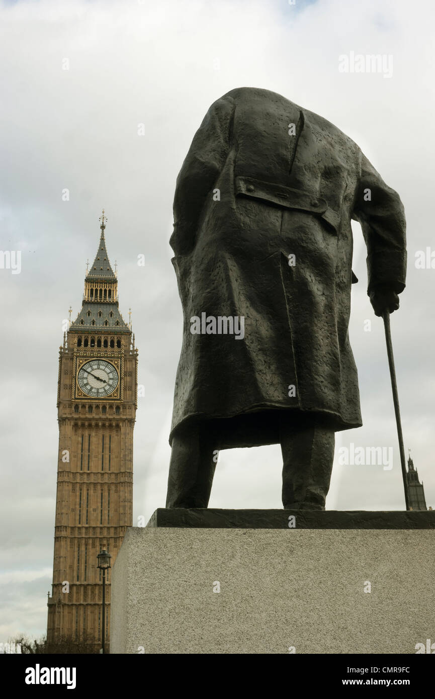 Statue of Sir Winston Churchill in Parliament Square, Central London England UK Big Ben seen in the background. March 2012. Stock Photo