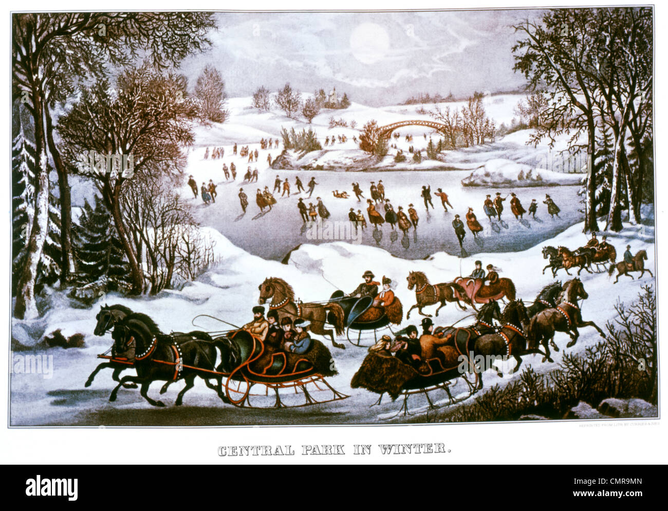 1800s 1860s CENTRAL PARK WINTER SCENE NEW YORK CITY PEOPLE ICE SKATING HORSE AND SLEIGH CURRIER & IVES LITHOGRAPH Stock Photo