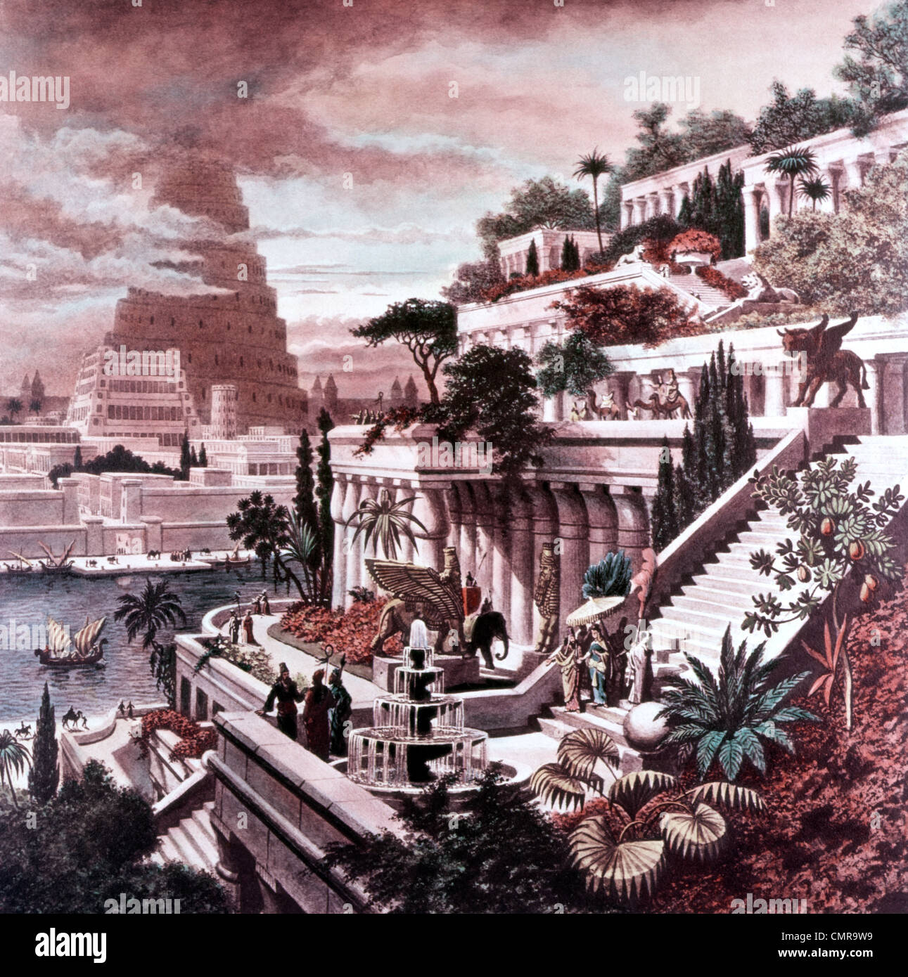 ILLUSTRATION SEVEN WONDERS OF THE ANCIENT WORLD 600 BC HANGING GARDENS OF BABYLON & TOWER OF BABEL BY MARTIN HEEMSKERCK Stock Photo
