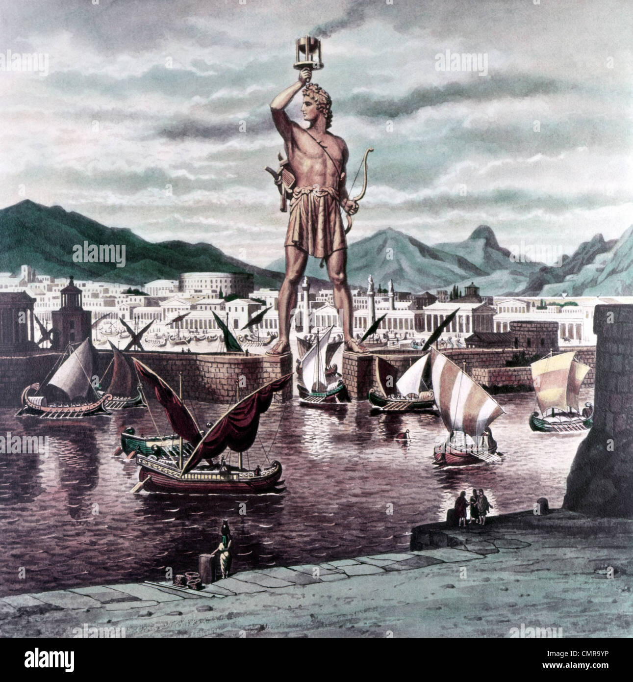 ILLUSTRATION SEVEN WONDERS OF THE ANCIENT WORLD 292 BC COLOSSUS OF RHODES Stock Photo - Alamy