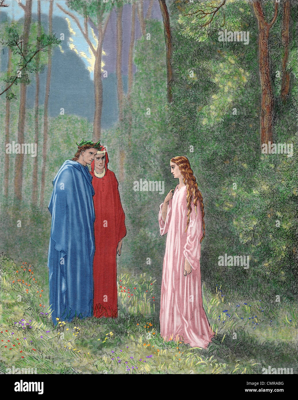 Divine Comedy. Dante talks with Pia dei Tolomei, one of the three people who died violently. Engraving by Dore. Colored. Stock Photo