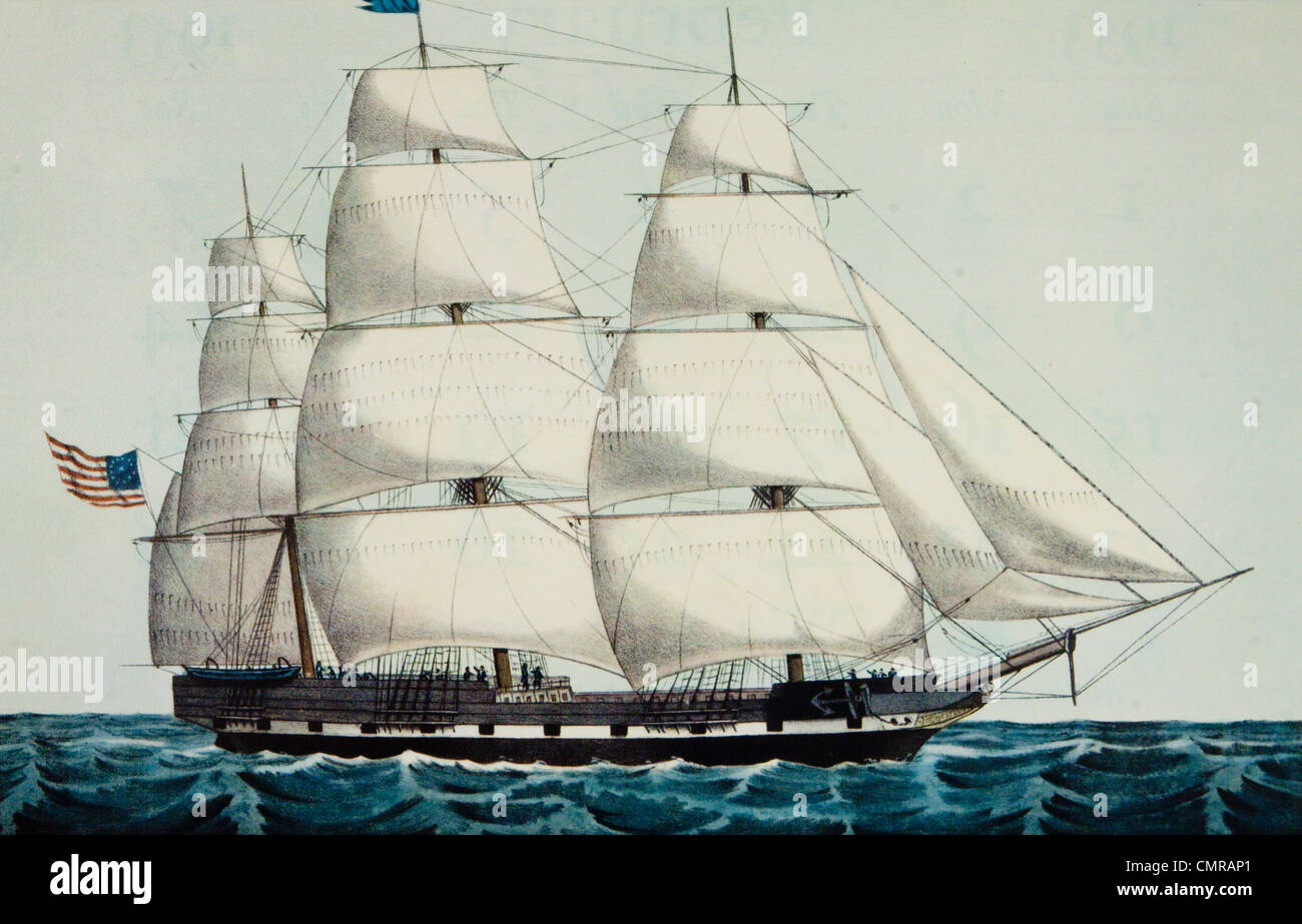 1800s 19th CENTURY AMERICAN CLIPPER SHIP UNDER SAIL CURRIER & IVES LITHOGRAPH OUTWARD BOUND Stock Photo