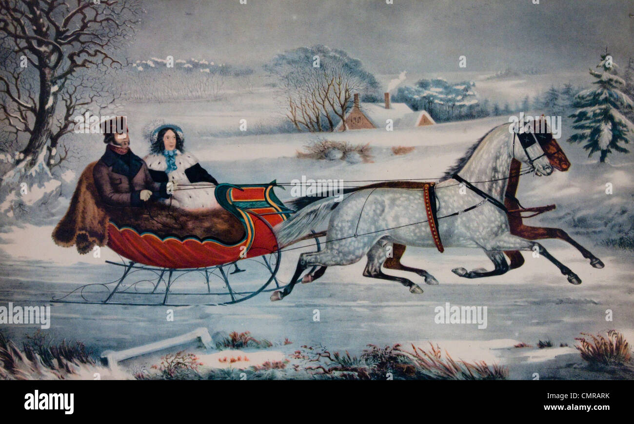1800s 1850s CURRIER IVES LITHOGRAPH MAN WOMAN IN HORSE DRAWN SLEIGH ...