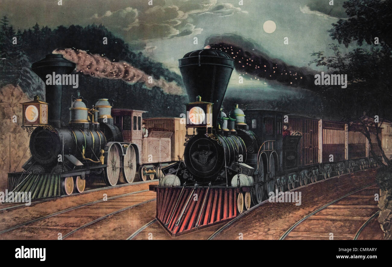 1800s 1860s LIGHTNING EXPRESS TRAINS TWO STEAM LOCOMOTIVES LEAVING JUNCTION AT NIGHT FULL MOON 1863 Stock Photo