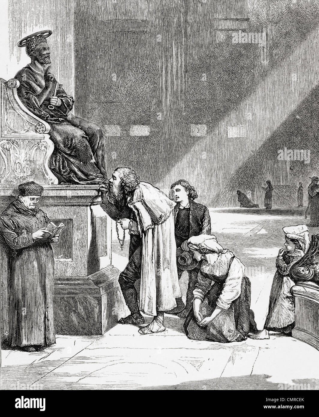 People kissing the feet of the statue of Saint Peter inside Saint Peter