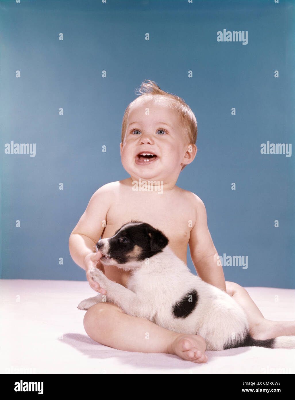 1960s SMILING BABY GIRL SITTING IN DIAPERS PLAYING WITH YOUNG BLACK AND WHITE PUPPY DOG Stock Photo
