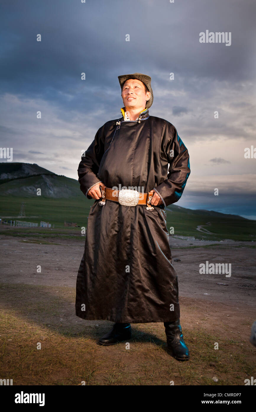 Mongolian people take pose at northern Mongolia Stock Photo