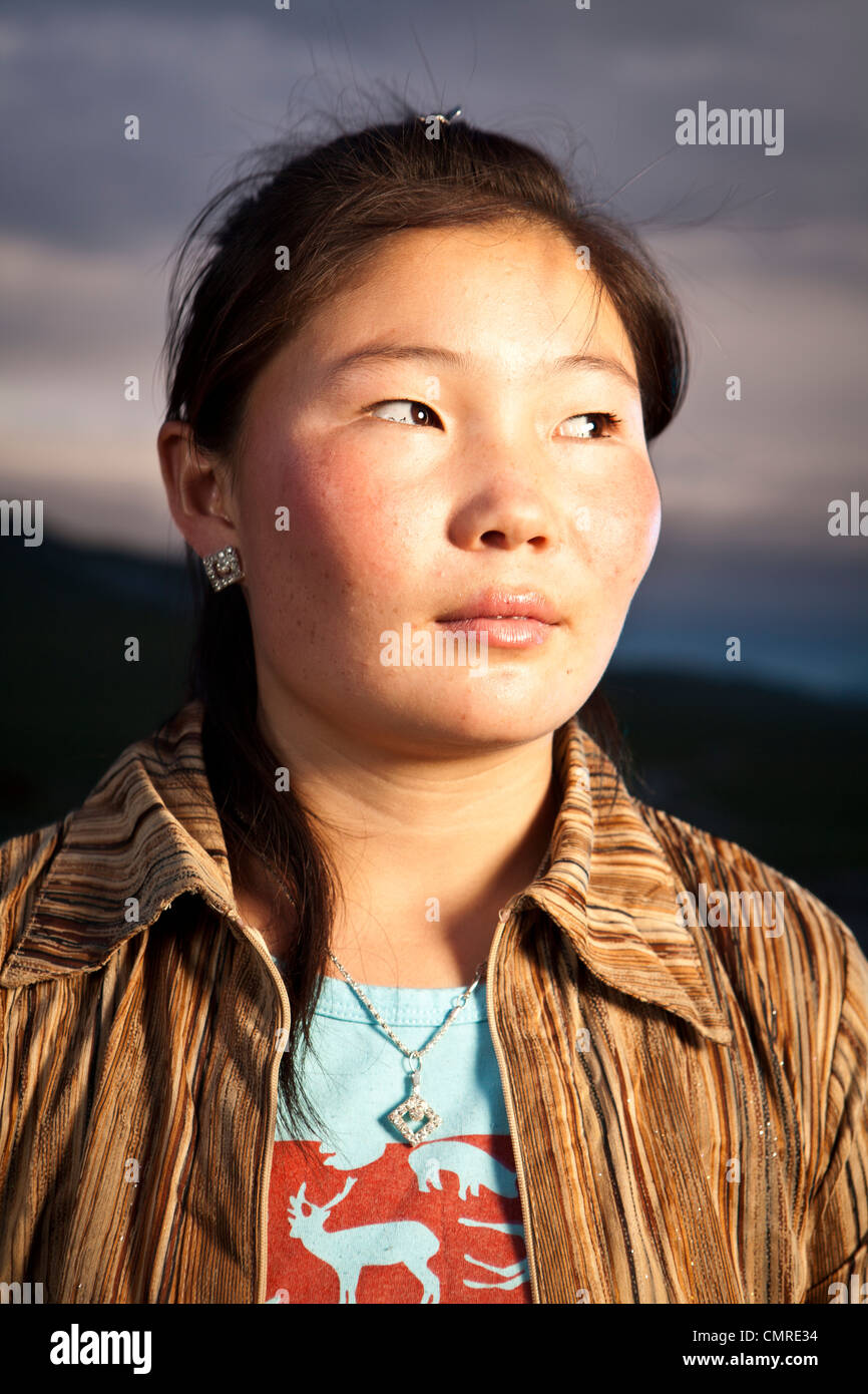 Mongolian people take pose at northern Mongolia Stock Photo