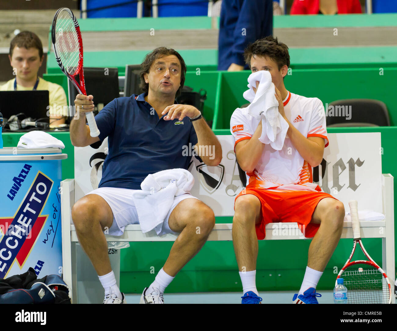 Henri Leconte (l.) gives advice to Julien Cagnina in double final of BNP Paribas Open Champions Tour in Zurich Stock Photo