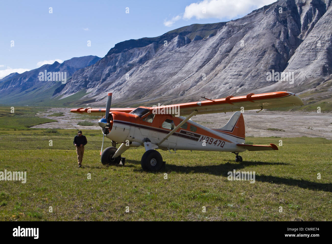 A DeHaviland Beaver owned by Coyote Air parked on the tundra in Gates of the Arctic National Park, AK, USA. Stock Photo