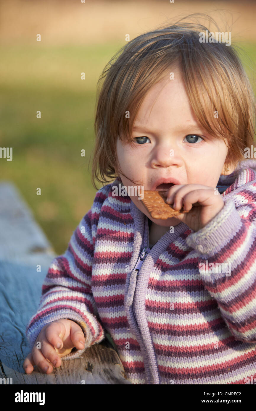 Toddler child baby girl eating cracker outside Stock Photo Alamy