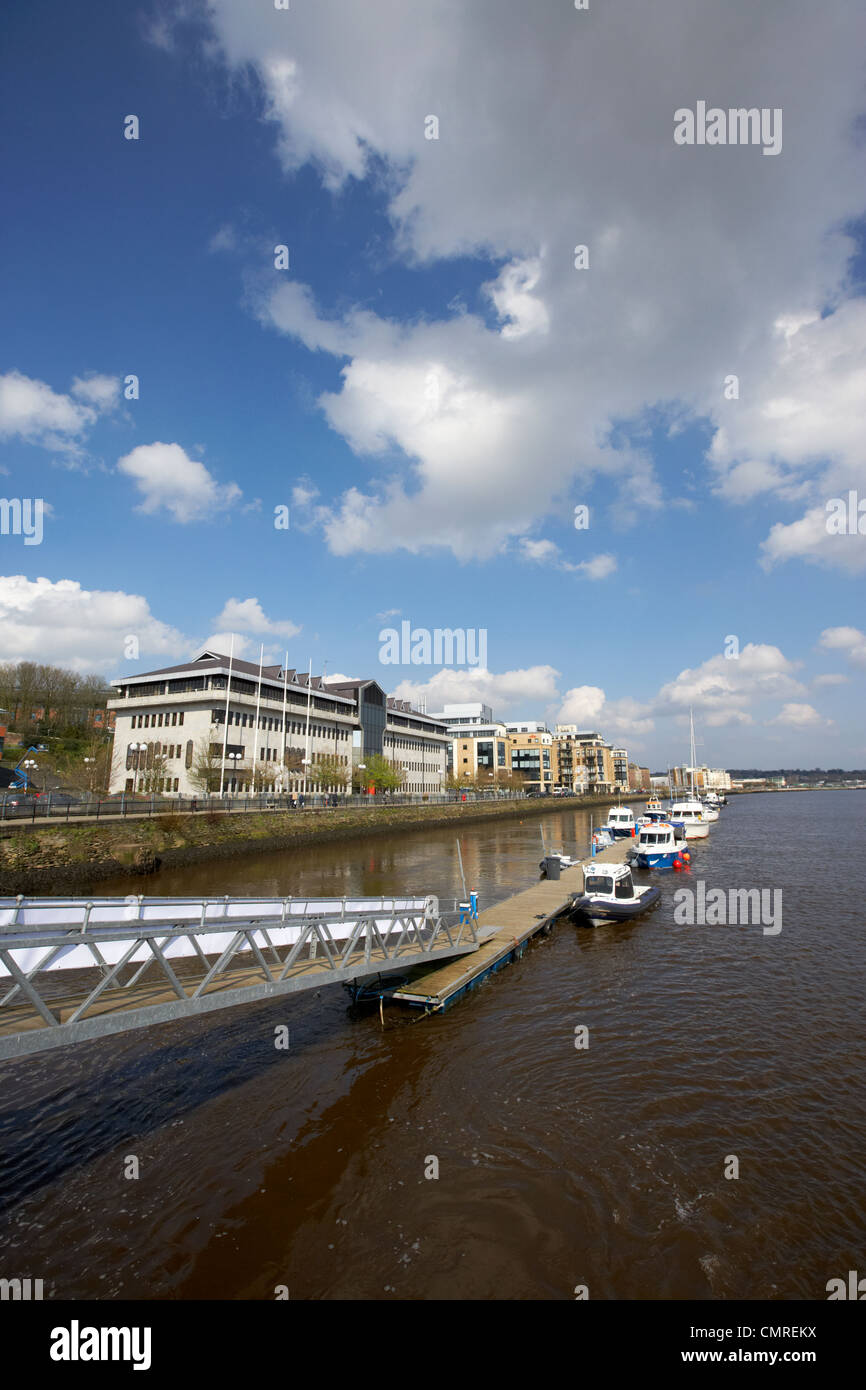 river foyle marina pontoon queens quay in front of Derry city council offices county londonderry northern ireland uk. Stock Photo