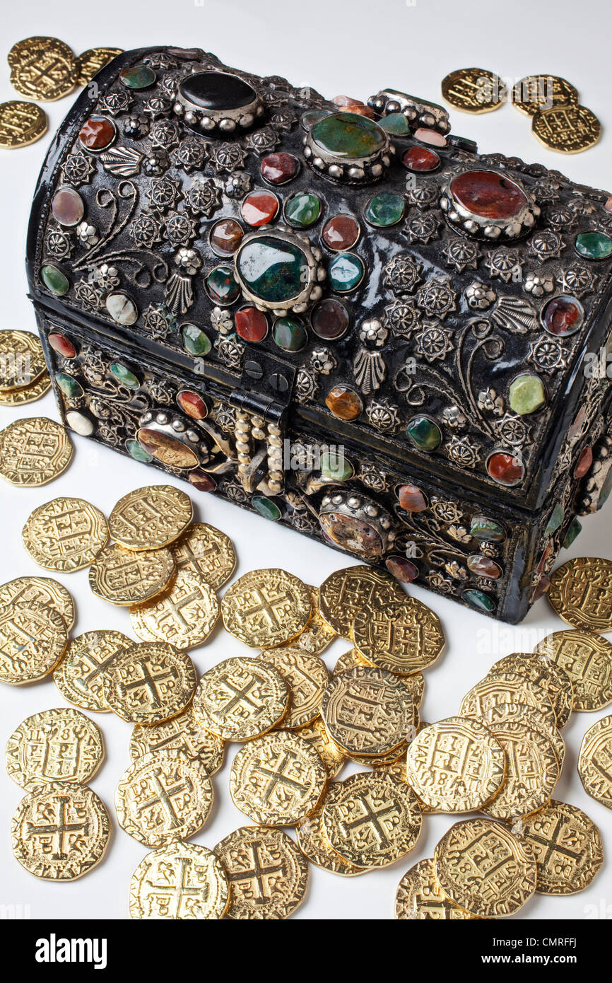 Fancy treasure chest with gold coins Stock Photo Alamy