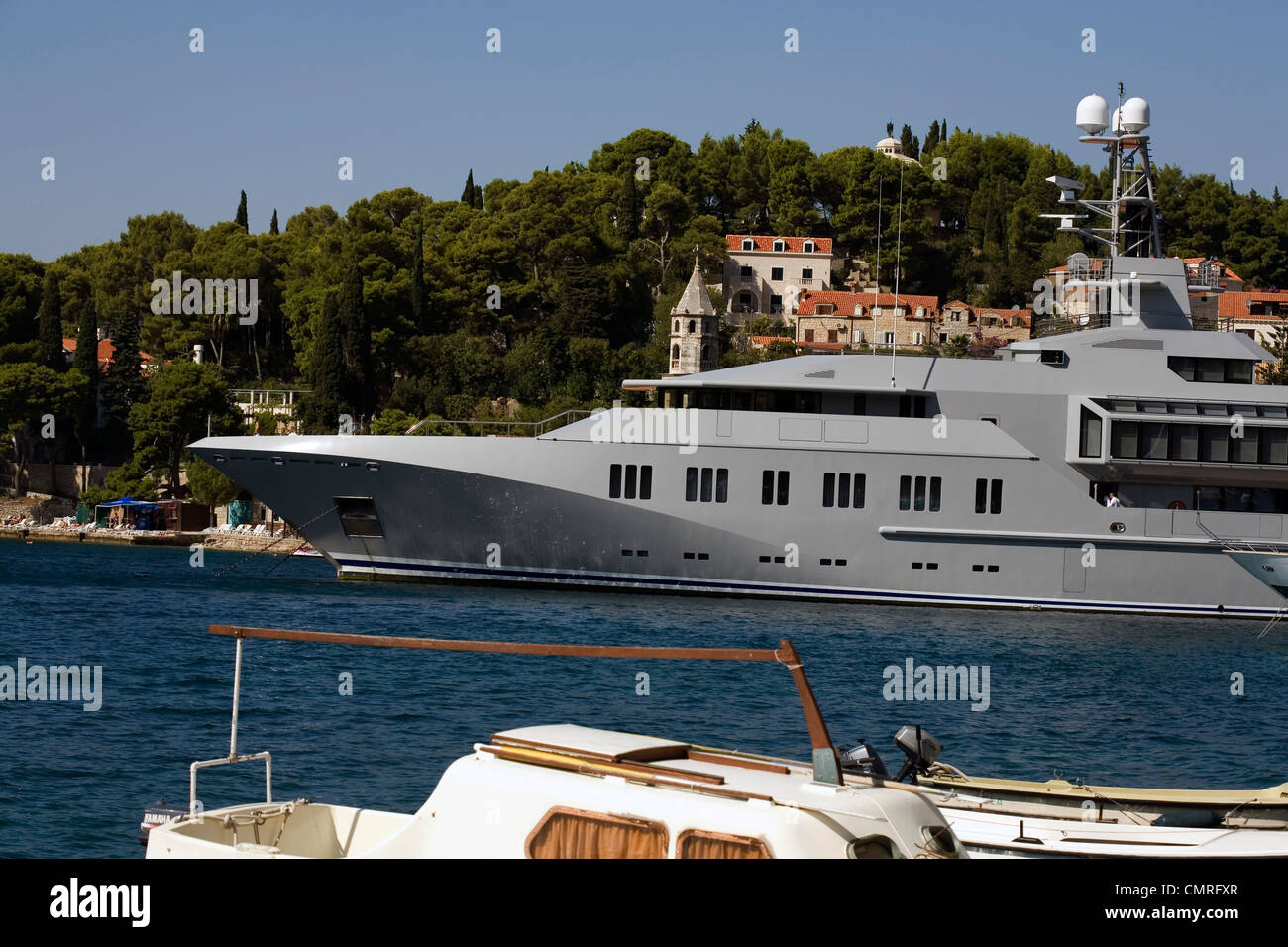 Motor Yacht Skat designed and built by  Lurssen of Bremen in port at Cavtat near Dubrovnik Dalamatia Croatia Stock Photo