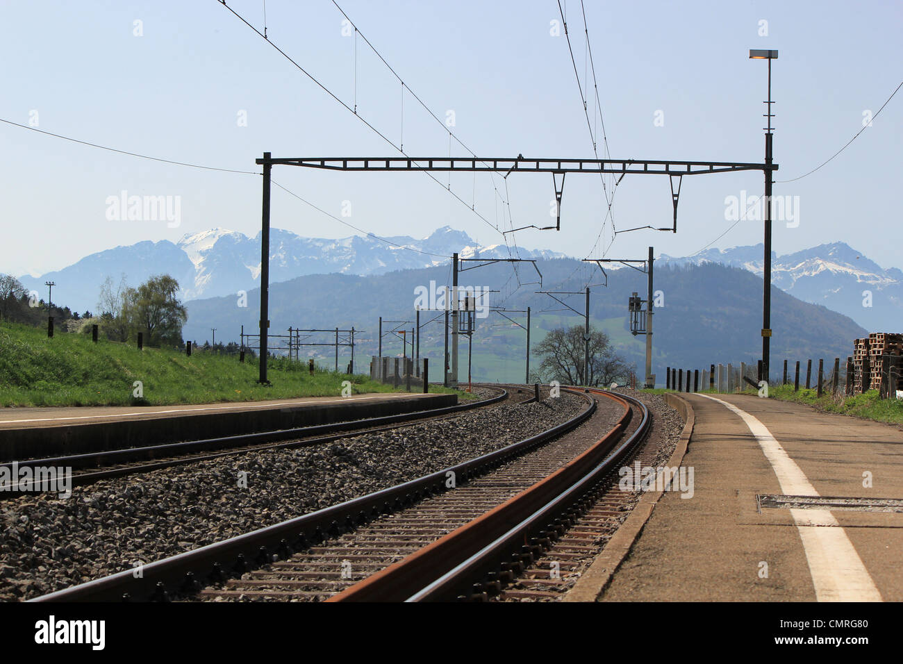 Railways for train and Alps mountain in Switzerland Stock Photo