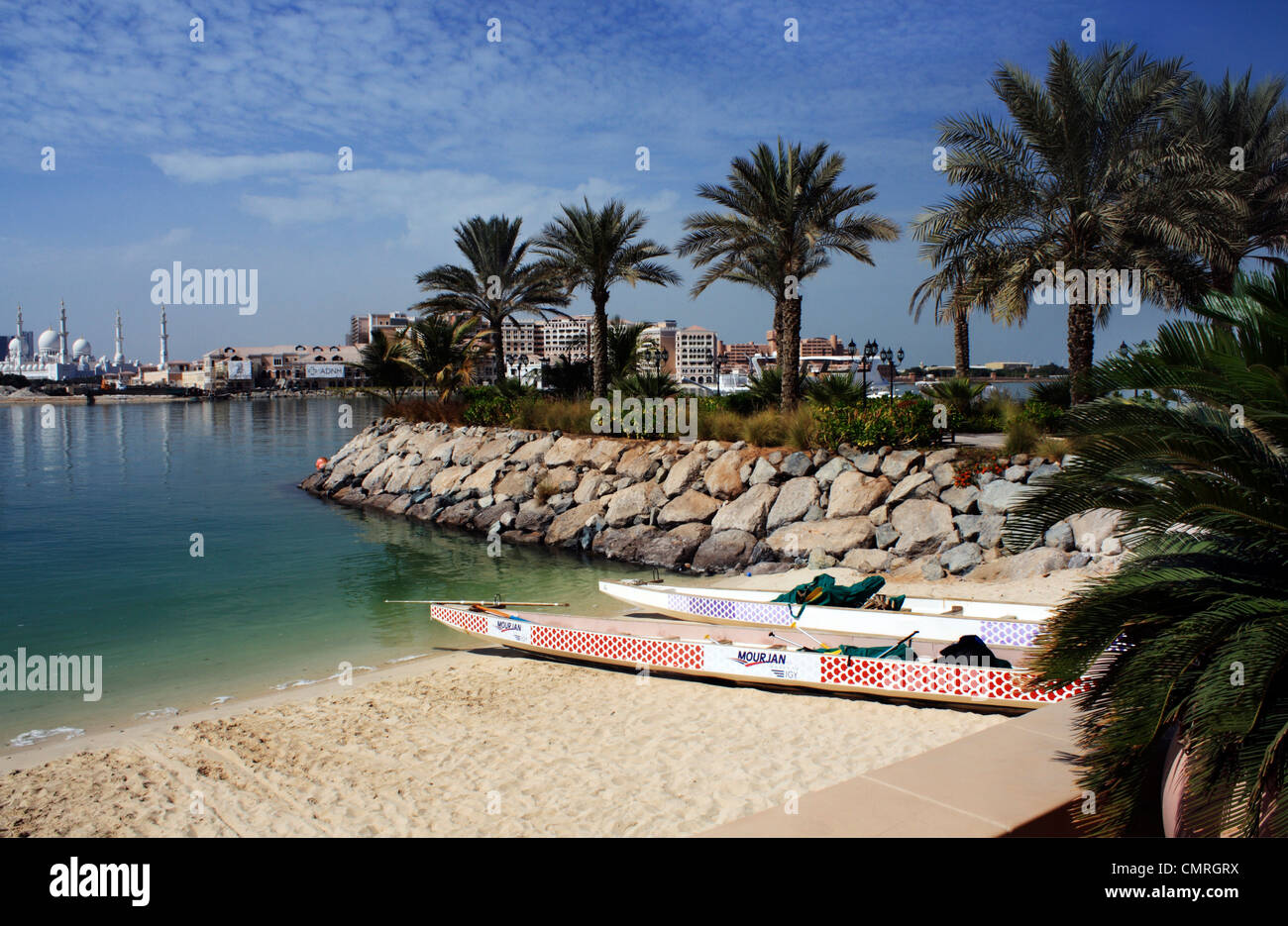 A beach resort opposite Sheikh Zayed Grand Mosque in Abu Dhabi, United Arab Emirates Stock Photo