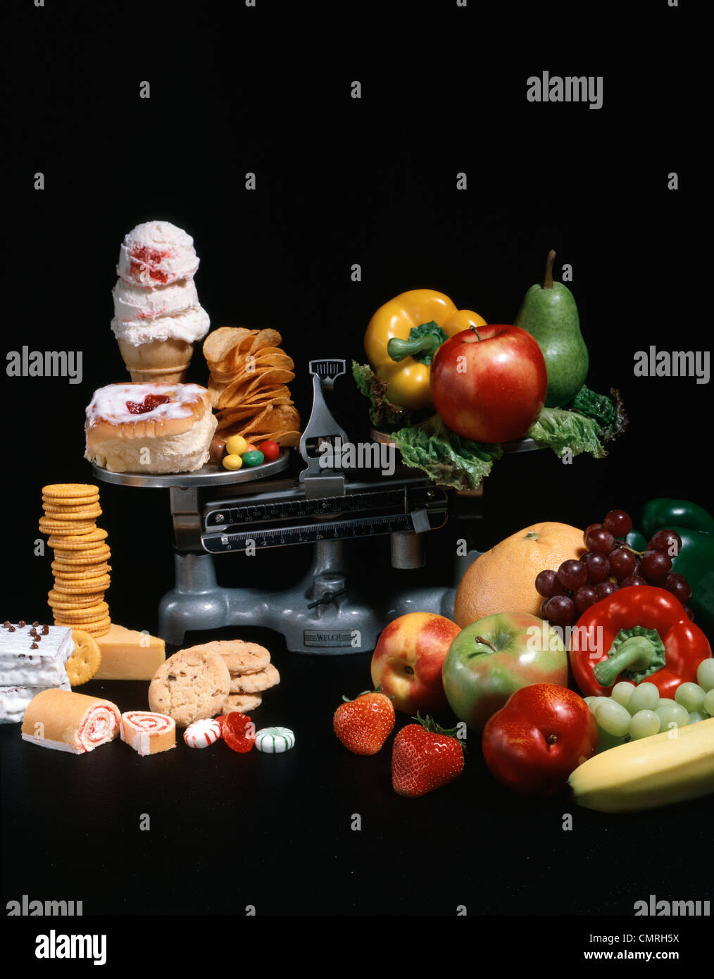 1990s SCALE WITH JUNK FOOD ON ONE SIDE AND FRUITS AND VEGETABLES ON 1990s SCALE WITH JUNK FOOD ON ONE SIDE AND FRUITS AND VEGETABLES ON