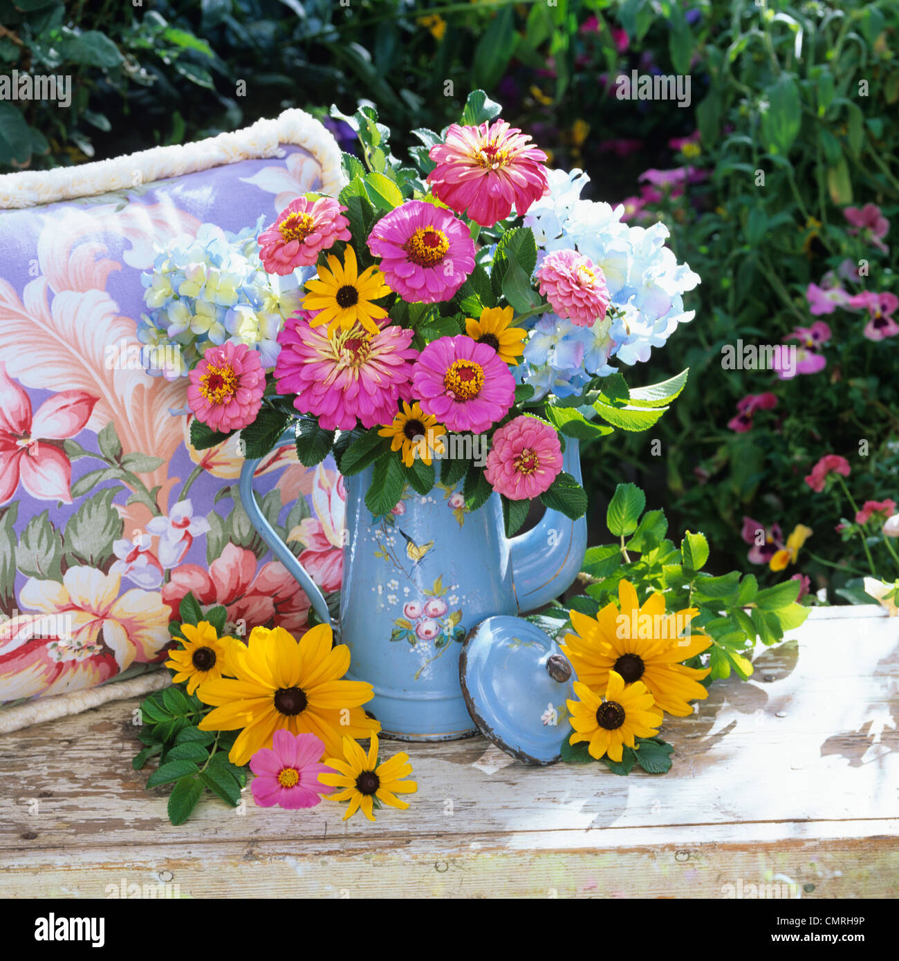 2000s BOUQUET OF BLACK EYED SUSANS AND PINK FLOWERS IN PITCHER ON
