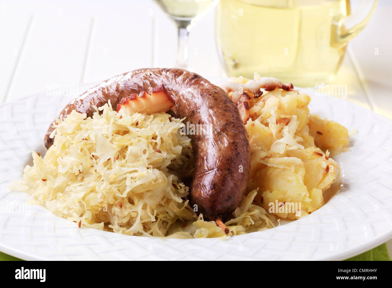 Blood sausage, sauerkraut and potatoes - closeup Stock Photo