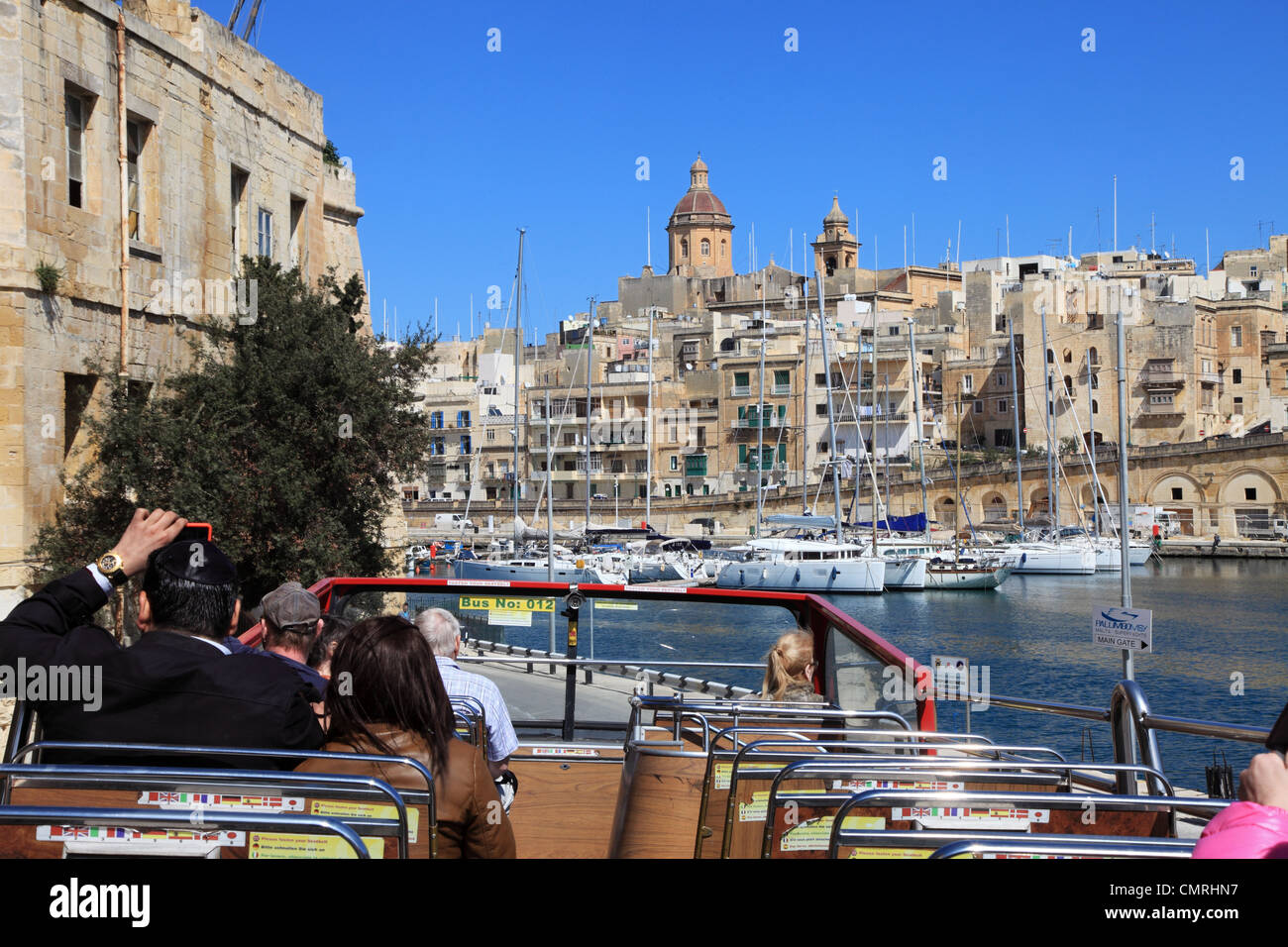 View of Valletta harbour from an open topped tour bus, Malta, Europe Stock Photo