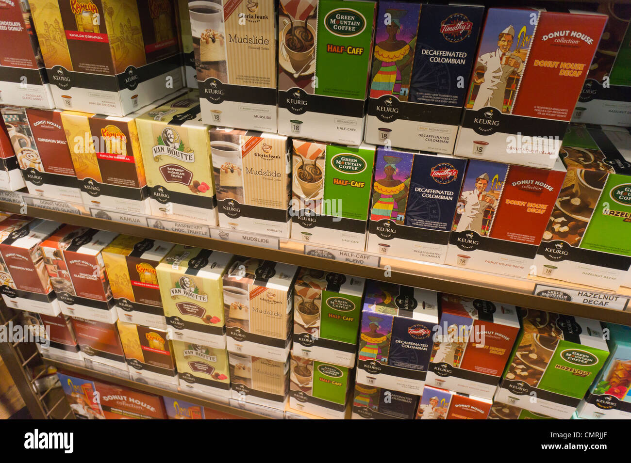 A selection of Keurig coffee and tea pods from various brands in a store in New York Stock Photo