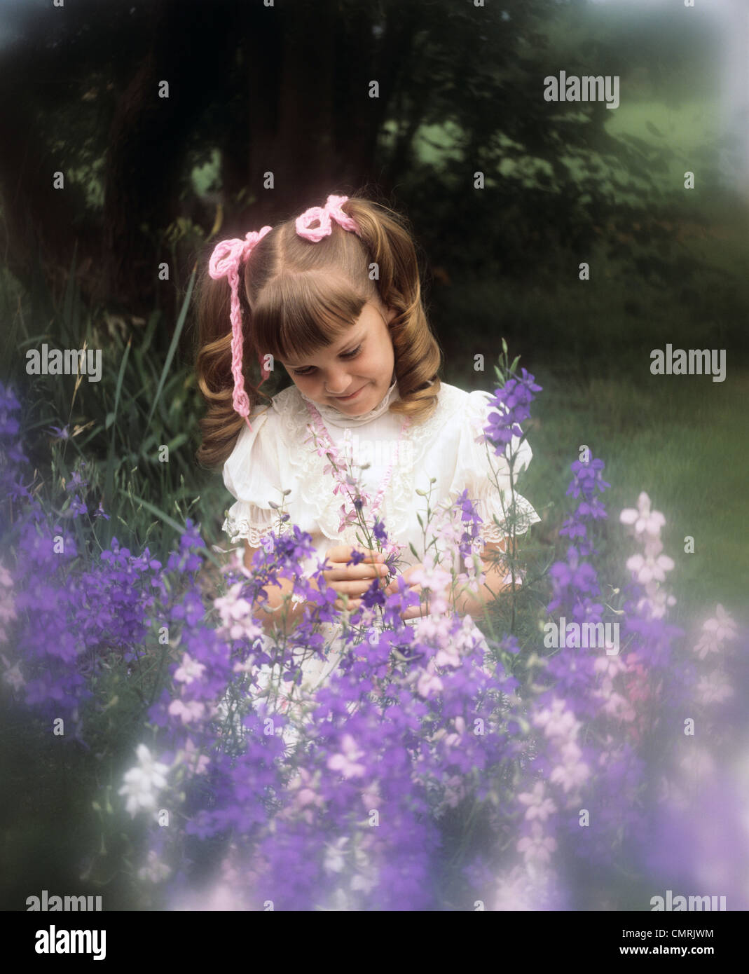 1970s SMILING LITTLE GIRL IN WHITE DRESS PINK HAIR RIBBONS LOOKING AT PURPLE FLOWERS Stock Photo