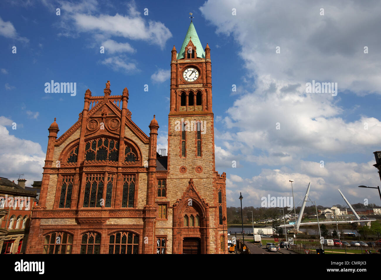 The Guildhall and new peace bridge Derry city county londonderry northern ireland uk. Stock Photo