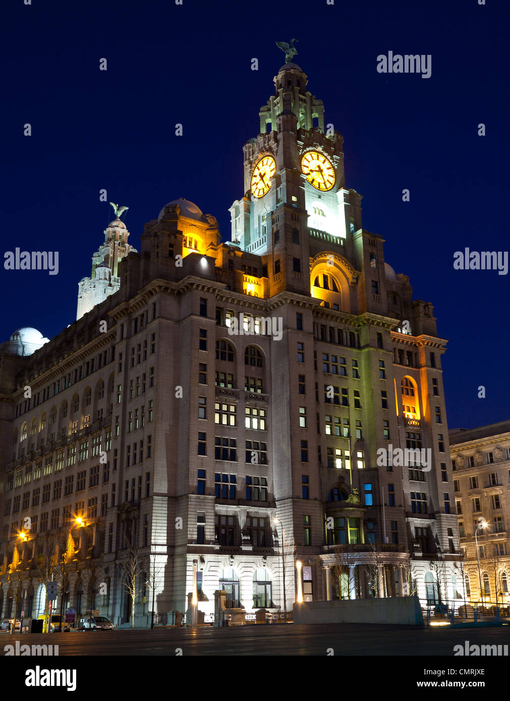 Liverpool's iconic Liver Building at night shot from Pier Head looking North/East. Owned by the Royal Liver Assurance Group. Stock Photo