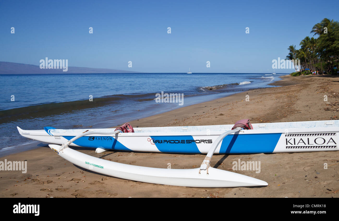 Outrigger canoe available for tours in Maui at Hanakaoo Beach Park, which is south of Kaanapali Beach Stock Photo