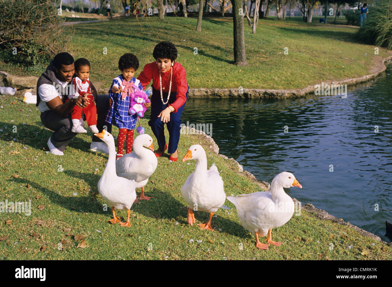 1980 1980s AFRICAN AMERICN FAMILY MOTHER FATHER SON DAUGHTER FEEDING GEESE BY LAKE Stock Photo