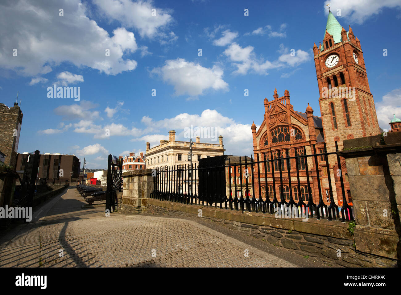 Shipquay gate in Derrys walls and the Guildhall Derry city county londonderry northern ireland uk. Stock Photo